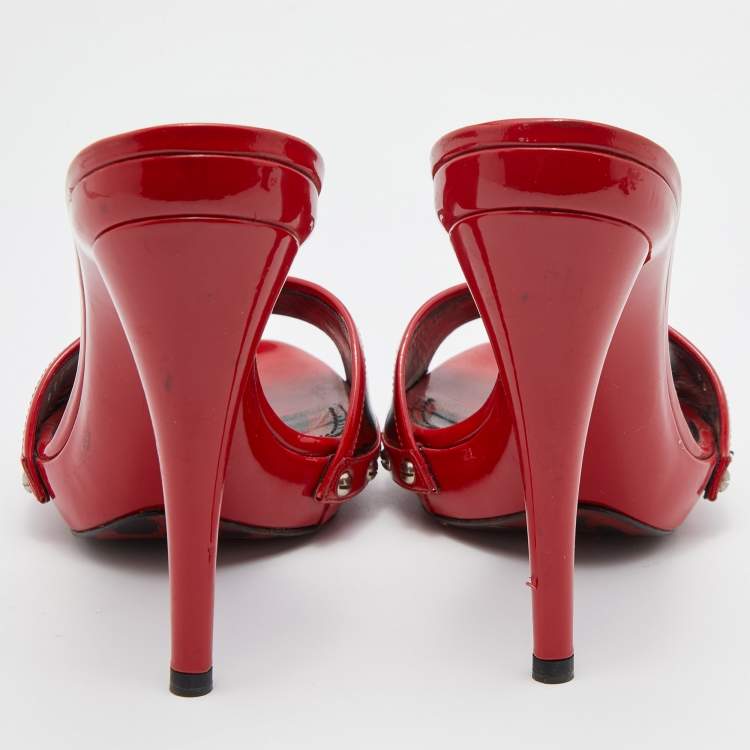 Pre Owned Dolce & Gabbana Red Leopard Print Patent Leather Platform Slide Sandals Size 39