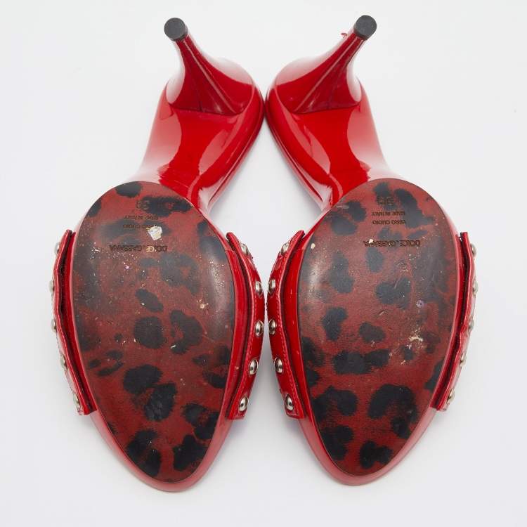 Pre Owned Dolce & Gabbana Red Leopard Print Patent Leather Platform Slide Sandals Size 39