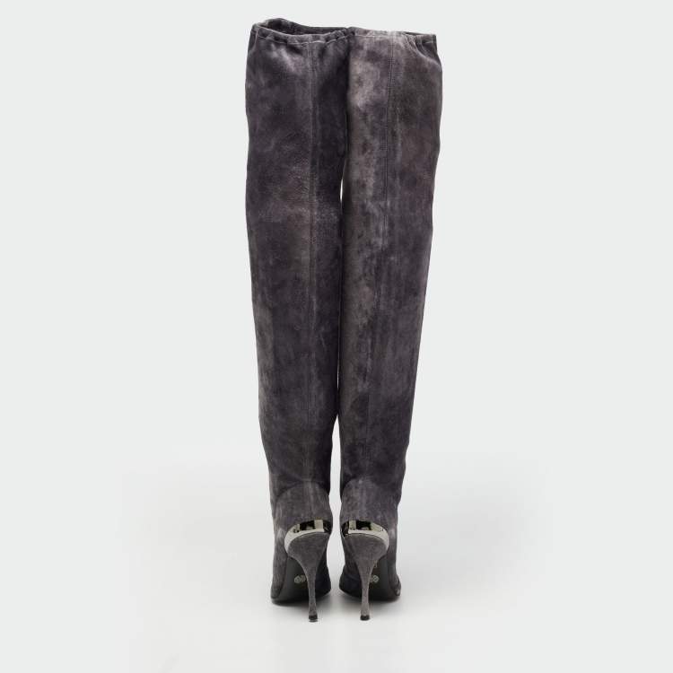 Pre Owned Dolce & Gabbana Grey Suede Knee Length Boots Size 41