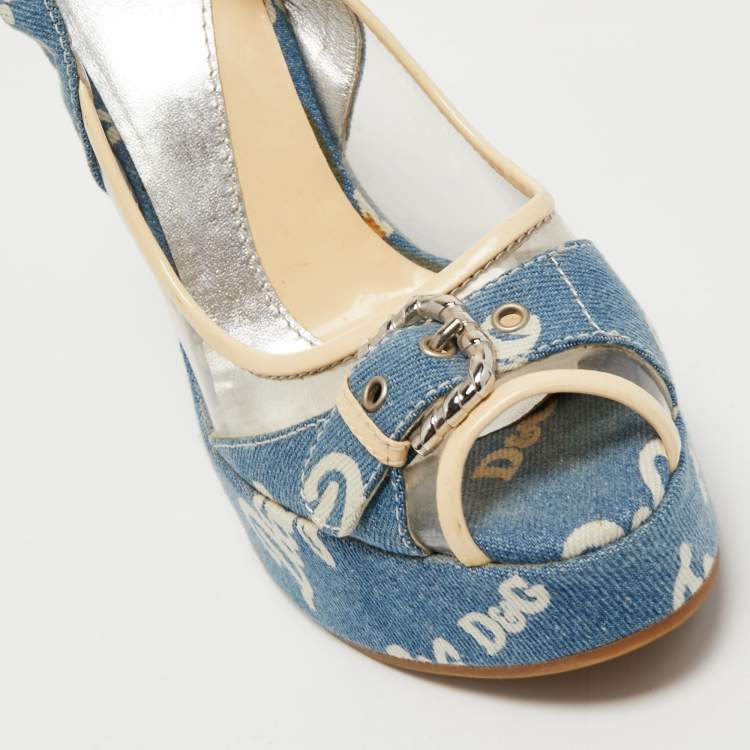 Pre Owned Dolce & Gabbana Blue Logo Print Denim and PVC Wedge Slingback Sandals Size 40