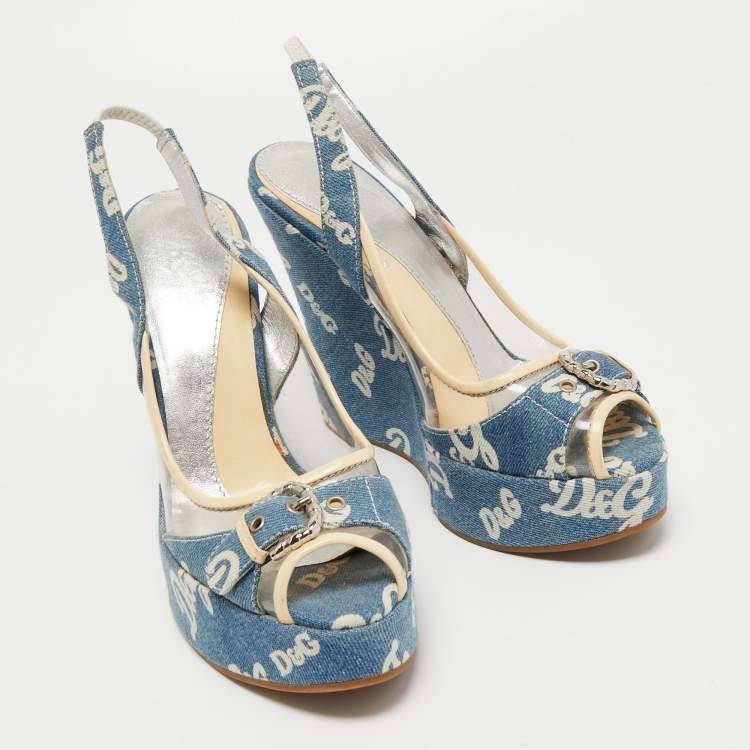 Pre Owned Dolce & Gabbana Blue Logo Print Denim and PVC Wedge Slingback Sandals Size 40