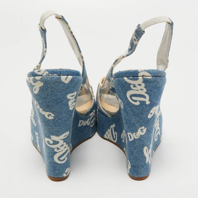 Pre Owned Dolce & Gabbana Blue Logo Print Denim and PVC Wedge Slingback Sandals Size 40