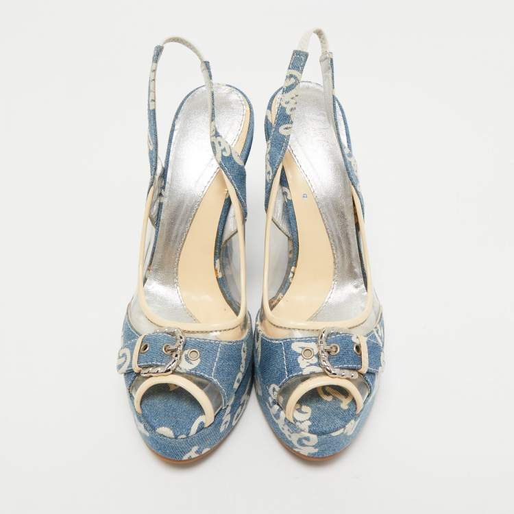 Pre Owned Dolce & Gabbana Blue Logo Print Denim and PVC Wedge Slingback Sandals Size 40