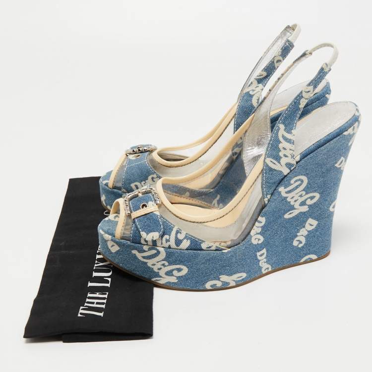 Pre Owned Dolce & Gabbana Blue Logo Print Denim and PVC Wedge Slingback Sandals Size 40