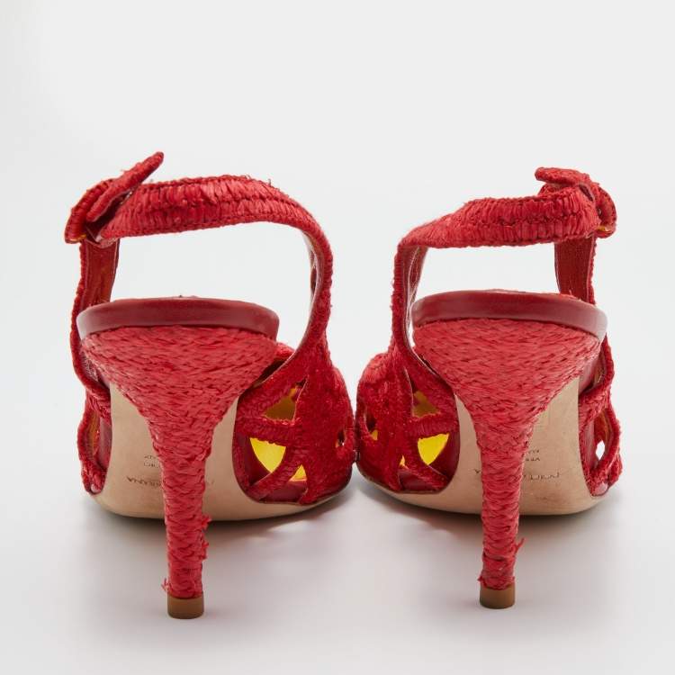 Pre Owned Dolce & Gabbana Red Woven Raffia Slingback Pumps Size 38