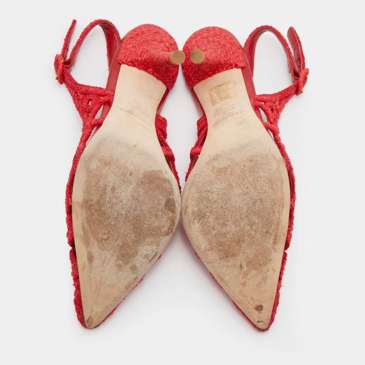 Pre Owned Dolce & Gabbana Red Woven Raffia Slingback Pumps Size 38
