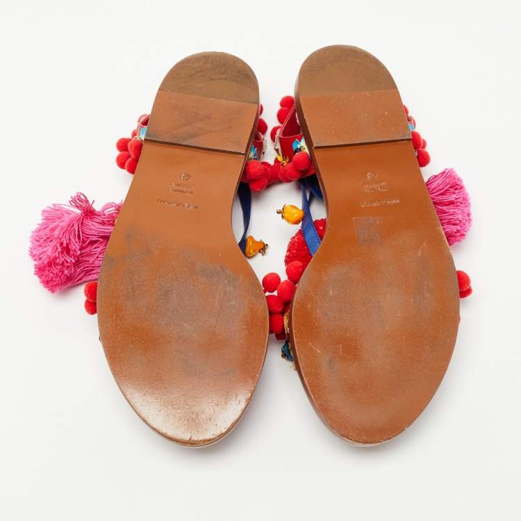 Pre Owned Dolce & Gabbana Multicolor Leather Pom Pom and Embellished Ankle Tie Flat Sandals Size 40