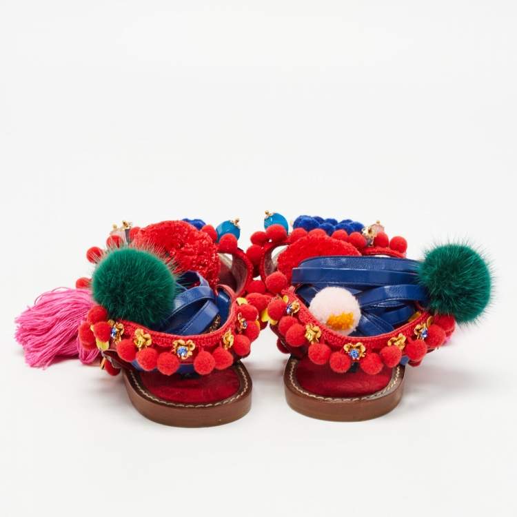 Pre Owned Dolce & Gabbana Multicolor Leather Pom Pom and Embellished Ankle Tie Flat Sandals Size 40