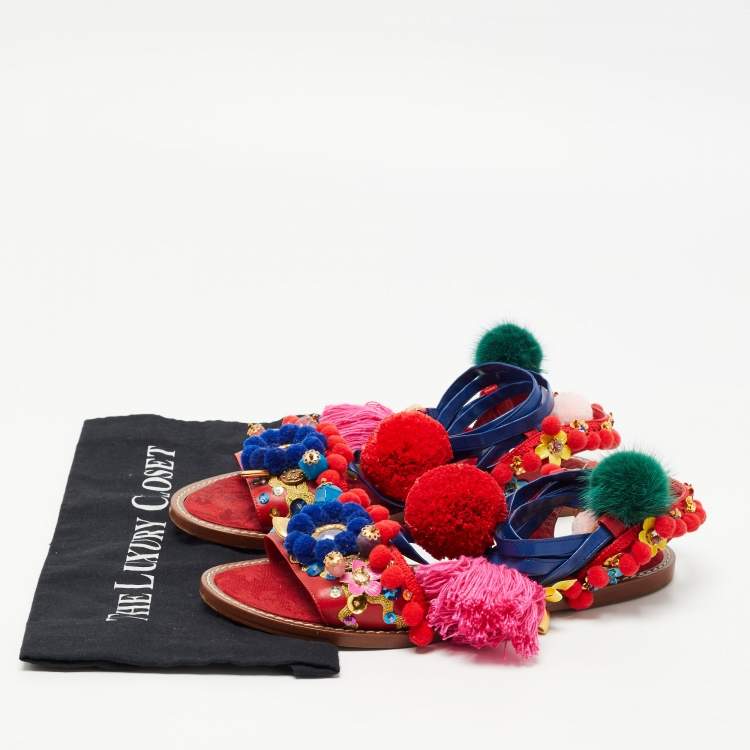 Pre Owned Dolce & Gabbana Multicolor Leather Pom Pom and Embellished Ankle Tie Flat Sandals Size 40