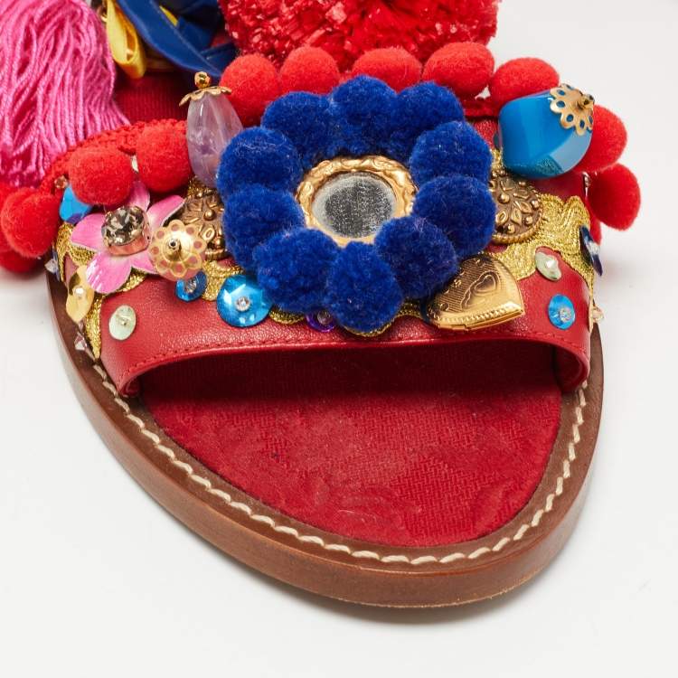Pre Owned Dolce & Gabbana Multicolor Leather Pom Pom and Embellished Ankle Tie Flat Sandals Size 40