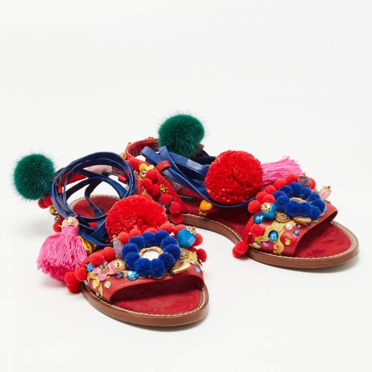 Pre Owned Dolce & Gabbana Multicolor Leather Pom Pom and Embellished Ankle Tie Flat Sandals Size 40