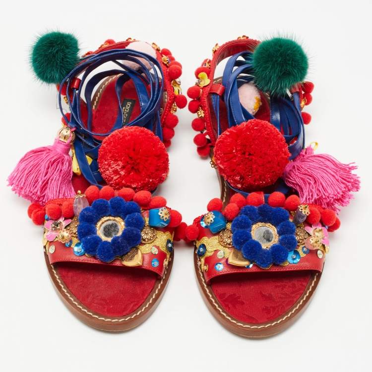 Pre Owned Dolce & Gabbana Multicolor Leather Pom Pom and Embellished Ankle Tie Flat Sandals Size 40