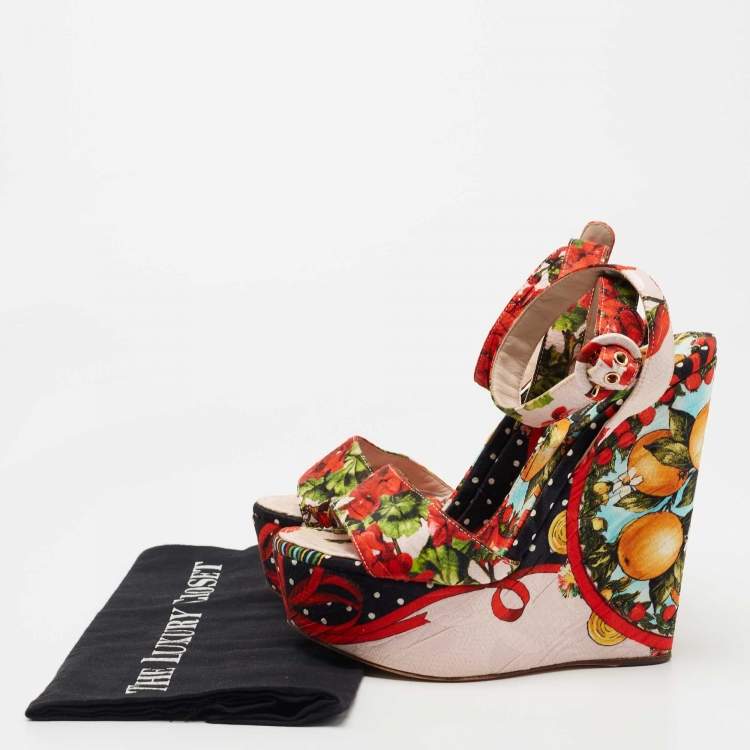 Pre Owned Dolce & Gabbana Multicolor Brocade Fabric  Wedge Platform Ankle Strap Sandals Size 38.5