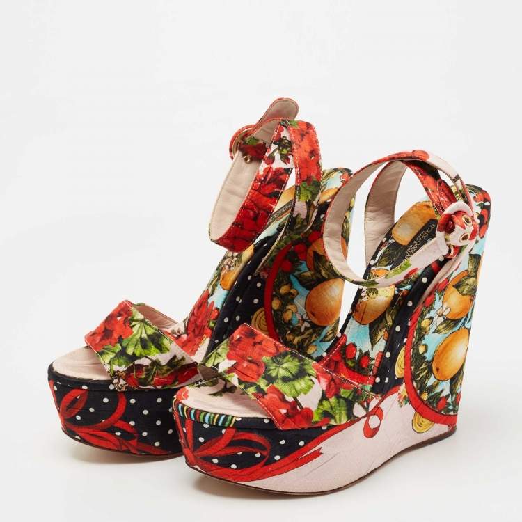 Pre Owned Dolce & Gabbana Multicolor Brocade Fabric  Wedge Platform Ankle Strap Sandals Size 38.5