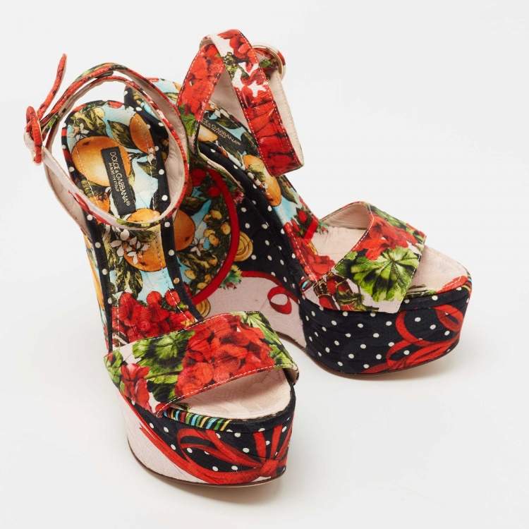 Pre Owned Dolce & Gabbana Multicolor Brocade Fabric  Wedge Platform Ankle Strap Sandals Size 38.5