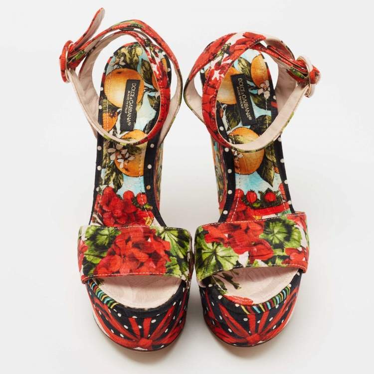 Pre Owned Dolce & Gabbana Multicolor Brocade Fabric  Wedge Platform Ankle Strap Sandals Size 38.5