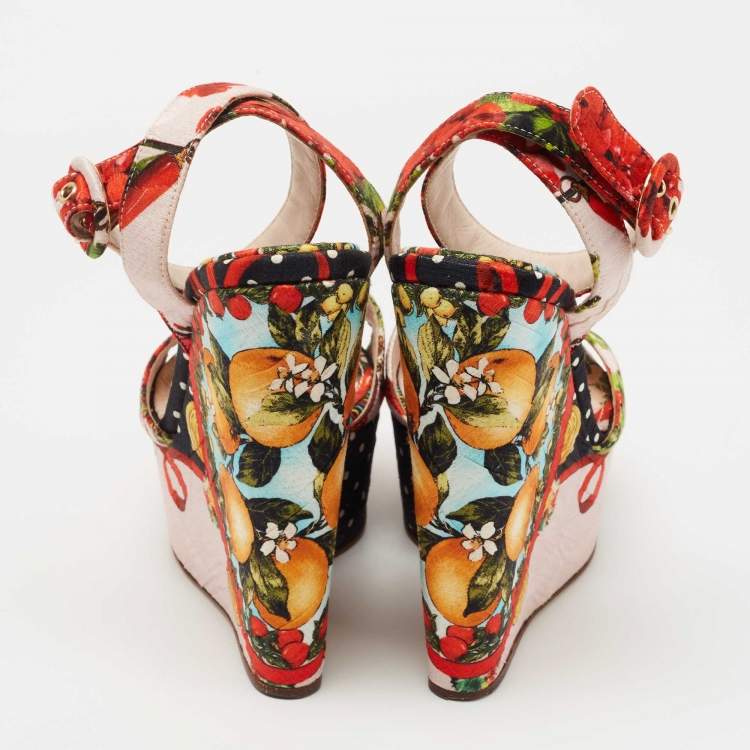 Pre Owned Dolce & Gabbana Multicolor Brocade Fabric  Wedge Platform Ankle Strap Sandals Size 38.5