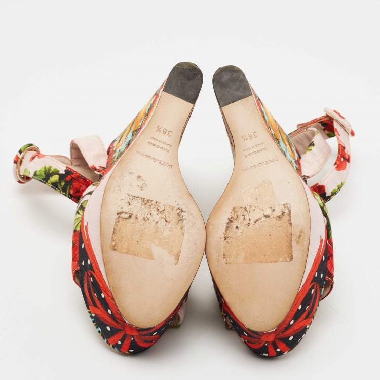 Pre Owned Dolce & Gabbana Multicolor Brocade Fabric  Wedge Platform Ankle Strap Sandals Size 38.5