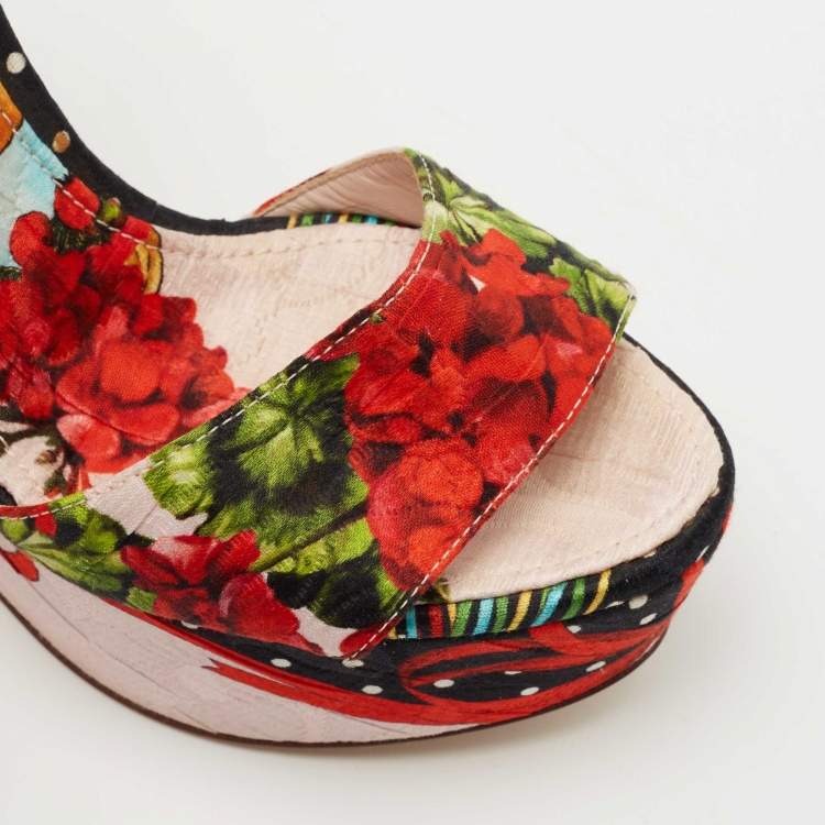 Pre Owned Dolce & Gabbana Multicolor Brocade Fabric  Wedge Platform Ankle Strap Sandals Size 38.5