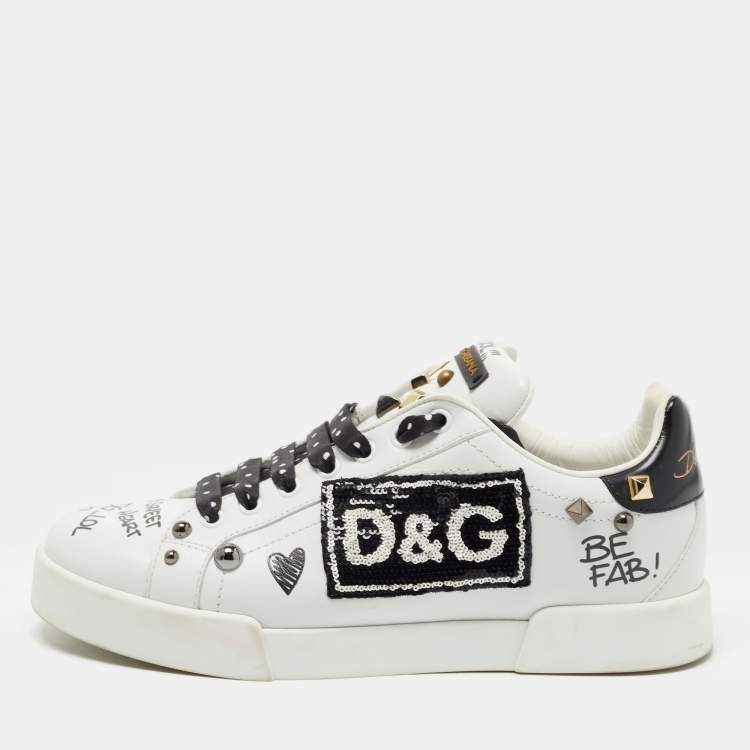 Pre Owned Dolce & Gabbana White/Black Leather Studded and Applique Portofino Low Top Sneakers Size 39.5