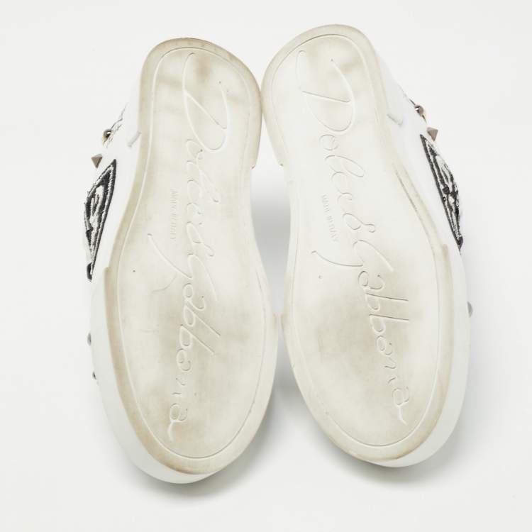 Pre Owned Dolce & Gabbana White/Black Leather Studded and Applique Portofino Low Top Sneakers Size 39.5
