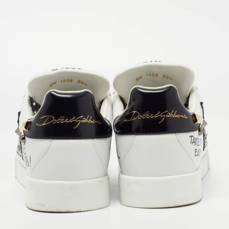 Pre Owned Dolce & Gabbana White/Black Leather Studded and Applique Portofino Low Top Sneakers Size 39.5