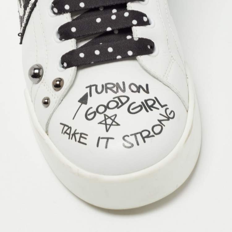 Pre Owned Dolce & Gabbana White/Black Leather Studded and Applique Portofino Low Top Sneakers Size 39.5