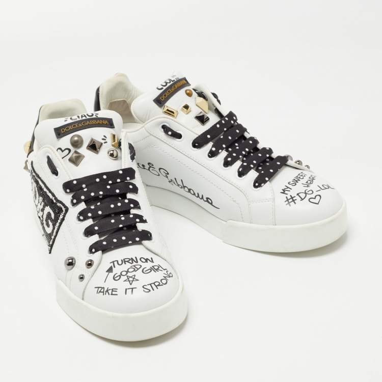 Pre Owned Dolce & Gabbana White/Black Leather Studded and Applique Portofino Low Top Sneakers Size 39.5