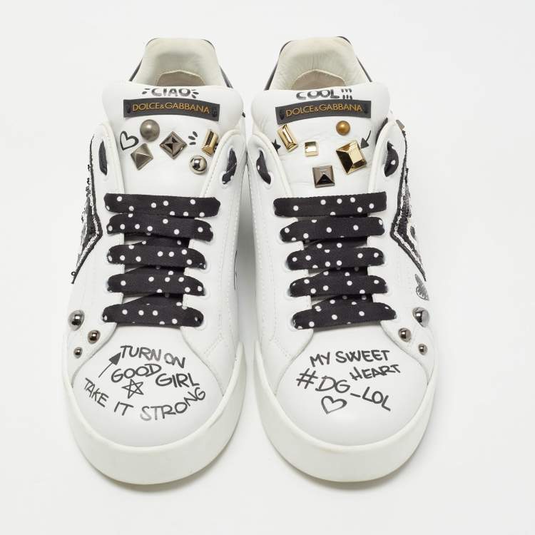 Pre Owned Dolce & Gabbana White/Black Leather Studded and Applique Portofino Low Top Sneakers Size 39.5