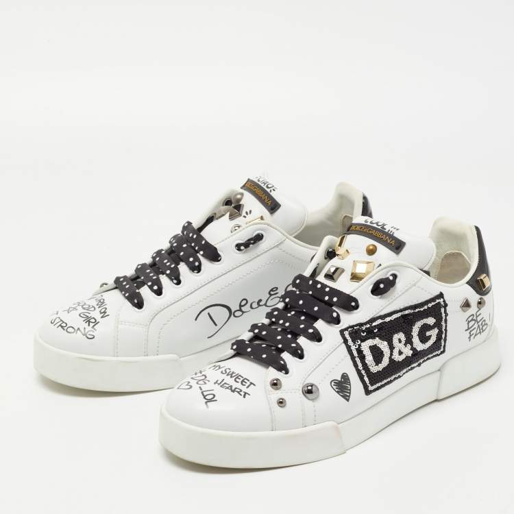 Pre Owned Dolce & Gabbana White/Black Leather Studded and Applique Portofino Low Top Sneakers Size 39.5