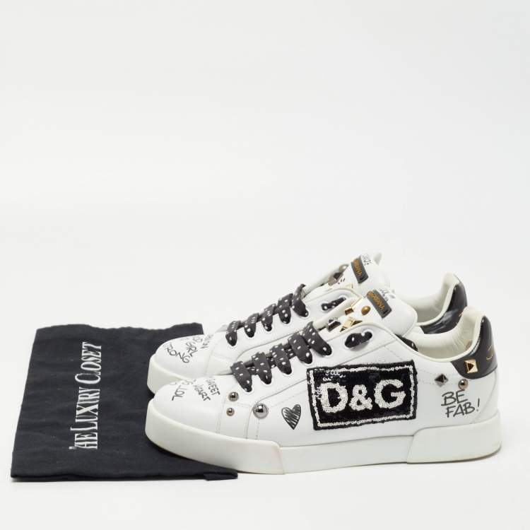 Pre Owned Dolce & Gabbana White/Black Leather Studded and Applique Portofino Low Top Sneakers Size 39.5