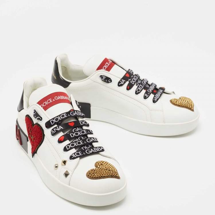 Pre Owned Dolce & Gabbana White Leather Portofino Heart Low Top Sneakers Size 39.5