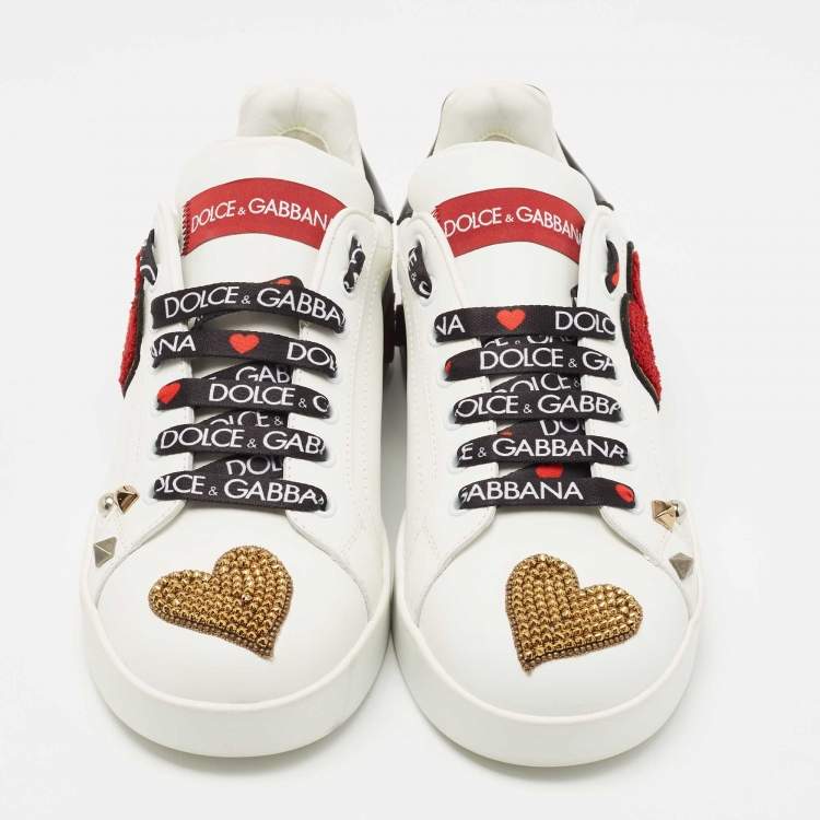 Pre Owned Dolce & Gabbana White Leather Portofino Heart Low Top Sneakers Size 39.5