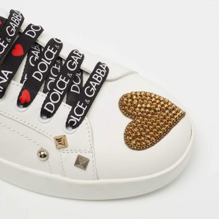 Pre Owned Dolce & Gabbana White Leather Portofino Heart Low Top Sneakers Size 39.5