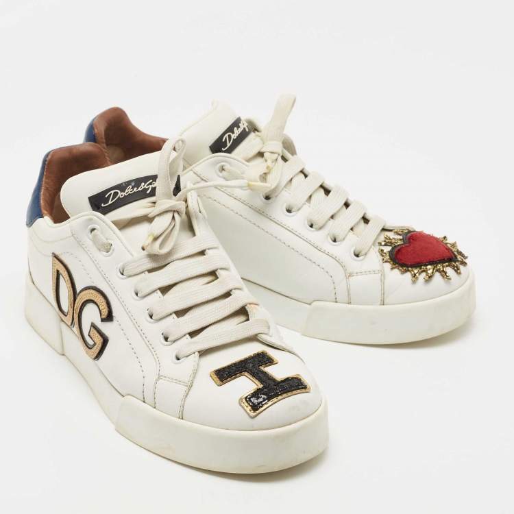 Pre Owned Dolce & Gabbana White Leather Sacred Heart Portofino Sneakers Size 38