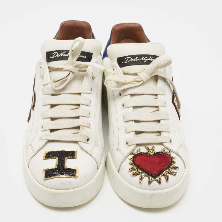 Pre Owned Dolce & Gabbana White Leather Sacred Heart Portofino Sneakers Size 38