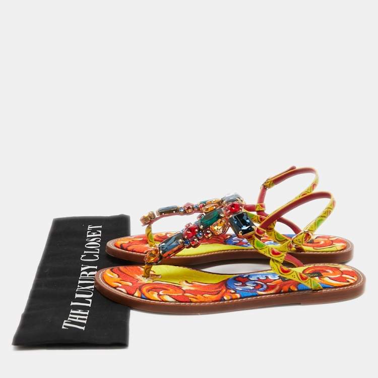 Pre Owned Dolce & Gabbana Multicolor Printed Patent Leather Crystals Embellished Thong Flats Size 41