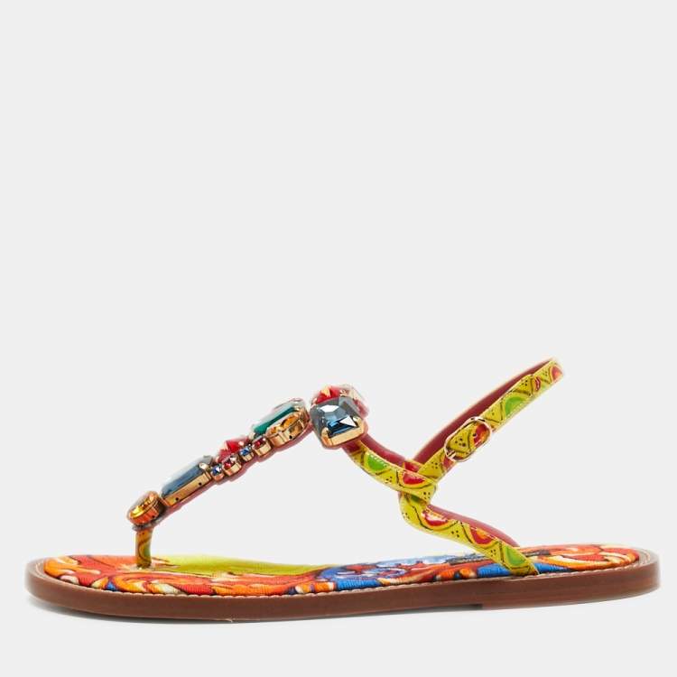 Pre Owned Dolce & Gabbana Multicolor Printed Patent Leather Crystals Embellished Thong Flats Size 41