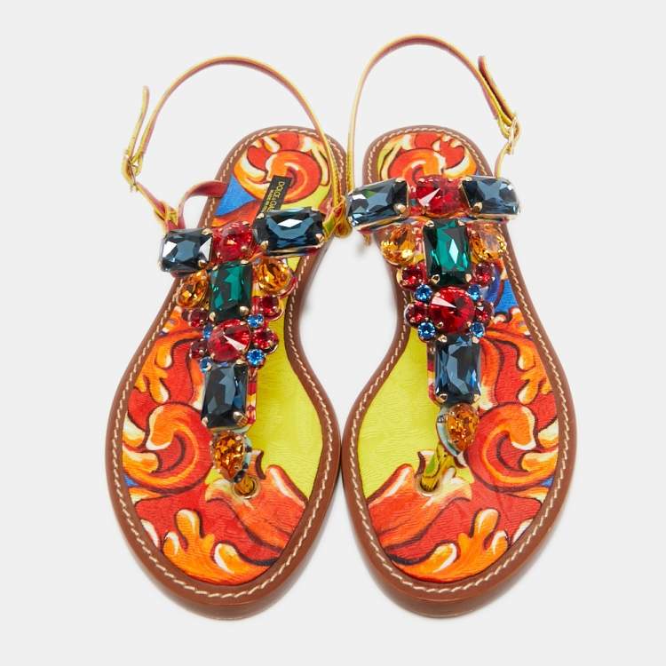 Pre Owned Dolce & Gabbana Multicolor Printed Patent Leather Crystals Embellished Thong Flats Size 41