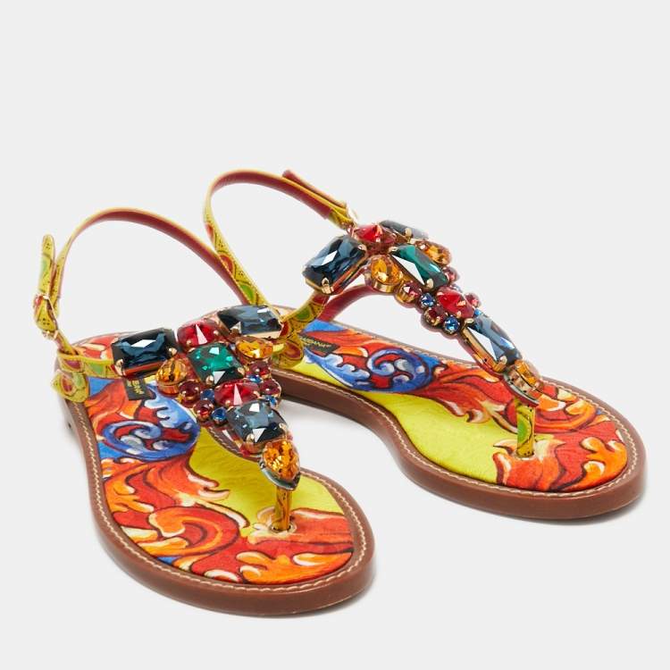 Pre Owned Dolce & Gabbana Multicolor Printed Patent Leather Crystals Embellished Thong Flats Size 41