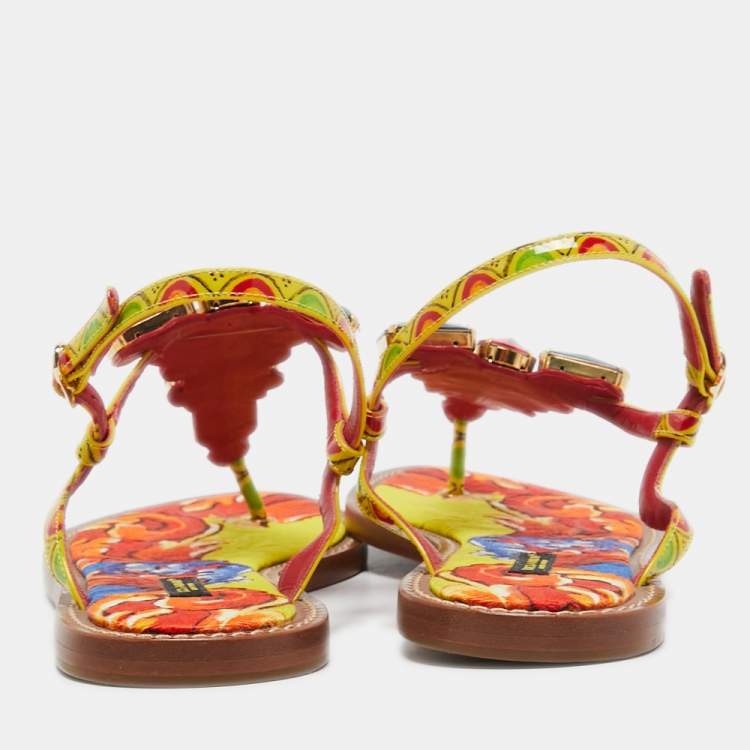 Pre Owned Dolce & Gabbana Multicolor Printed Patent Leather Crystals Embellished Thong Flats Size 41
