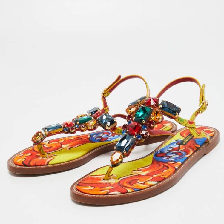 Pre Owned Dolce & Gabbana Multicolor Printed Patent Leather Crystals Embellished Thong Flats Size 41