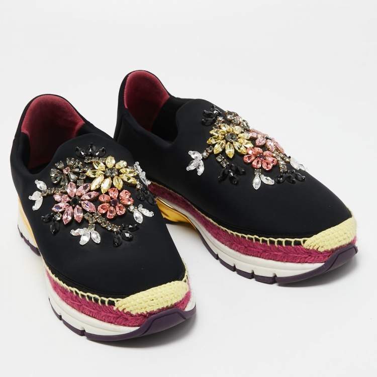 Pre Owned Dolce & Gabbana Black Neoprene Barcelona Crystal Embellished Sneakers Size 40.5