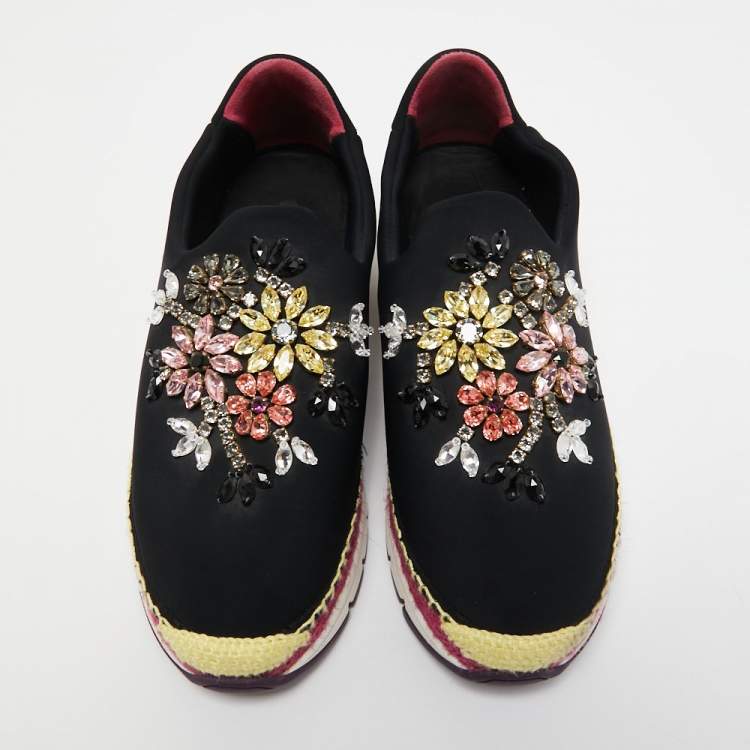 Pre Owned Dolce & Gabbana Black Neoprene Barcelona Crystal Embellished Sneakers Size 40.5