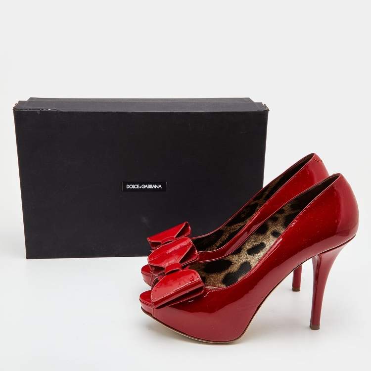 Pre Owned Dolce & Gabbana Red Patent Leather Bow Peep Toe Platform Pumps Size 39