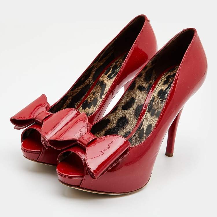 Pre Owned Dolce & Gabbana Red Patent Leather Bow Peep Toe Platform Pumps Size 39