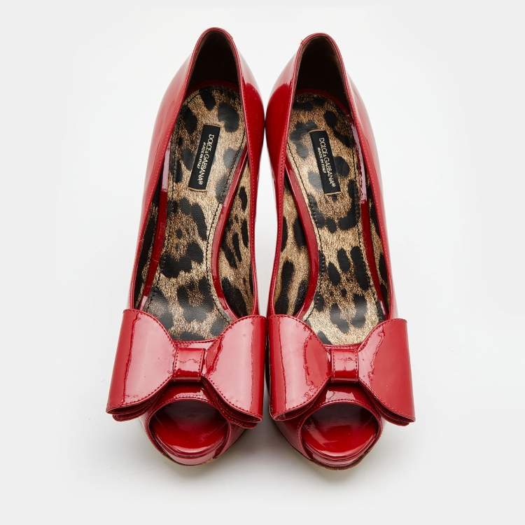 Pre Owned Dolce & Gabbana Red Patent Leather Bow Peep Toe Platform Pumps Size 39