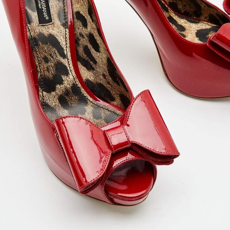 Pre Owned Dolce & Gabbana Red Patent Leather Bow Peep Toe Platform Pumps Size 39