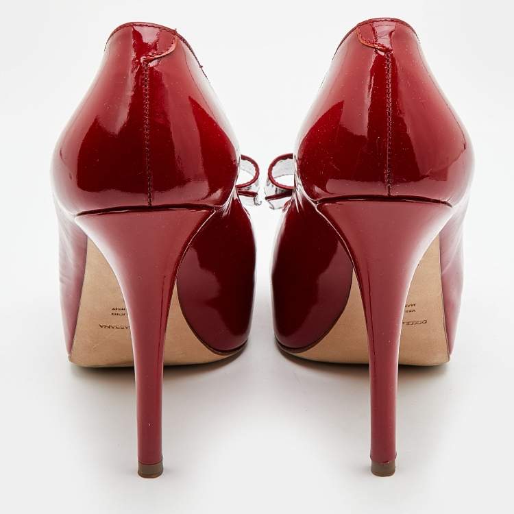 Pre Owned Dolce & Gabbana Red Patent Leather Bow Peep Toe Platform Pumps Size 39