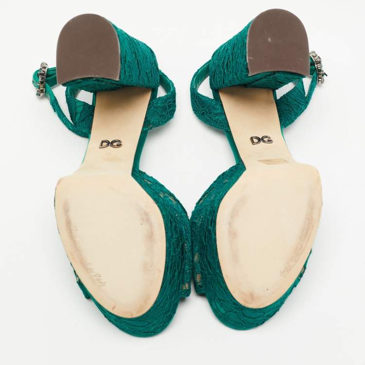Pre Owned Dolce & Gabbana Green Lace and Satin  Keira Embellished Platform Sandals Size 41